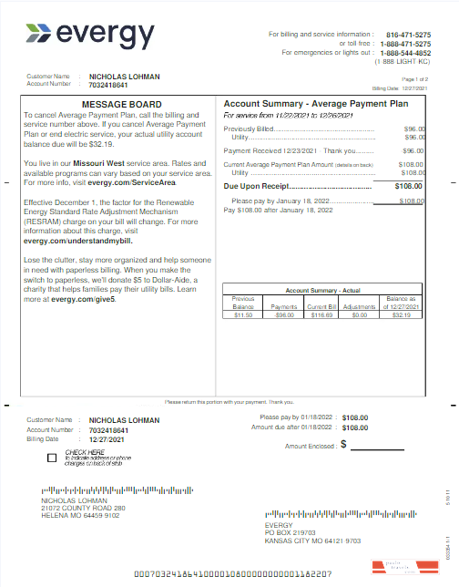 USA EVERGY utility bill Word and PDF template